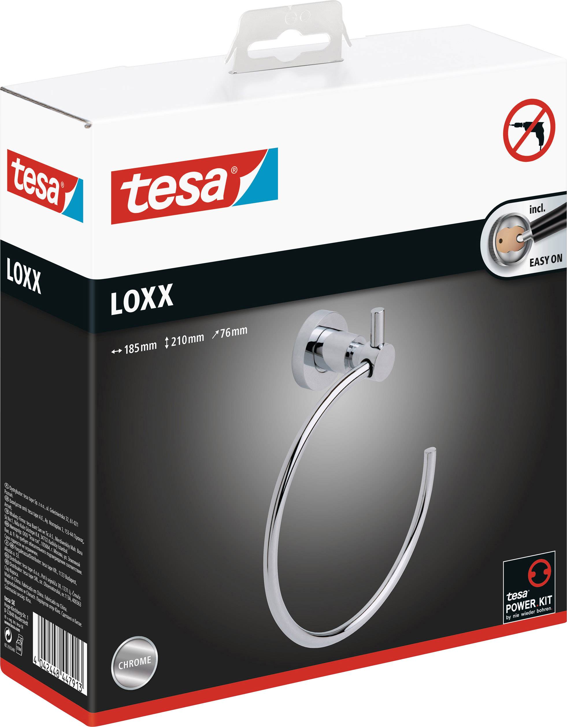 Packaging for a Tesa towel holder with Power Kit mounting, illustrated in chrome finish. No drilling required, simple installation.