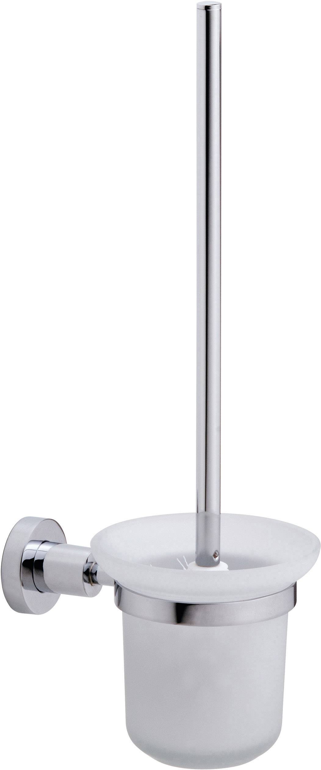 Stainless steel toilet brush holder with transparent container, designed for wall mounting.