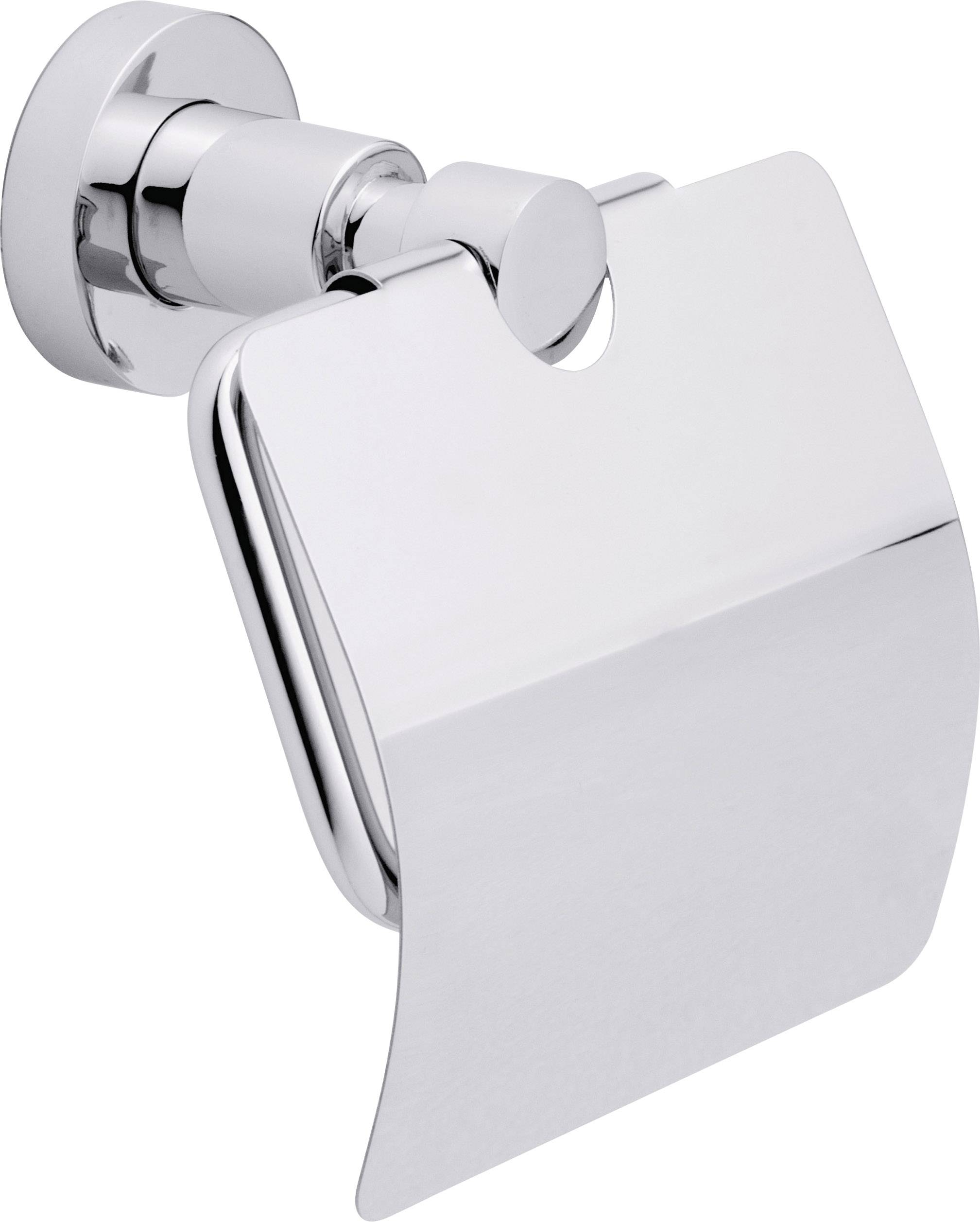 Polished metal toilet roll holder mounted on a wall.