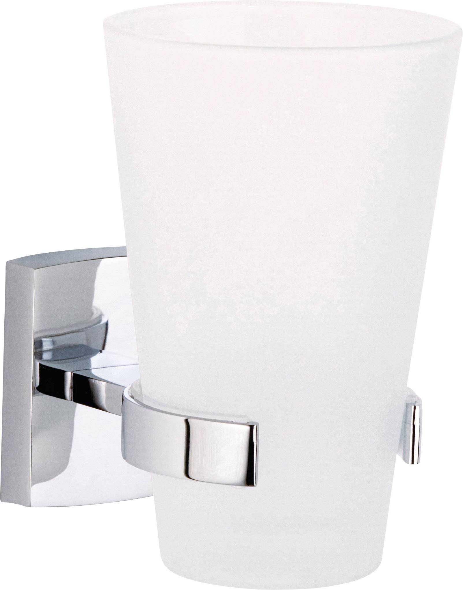 A white tooth brushing cup made of milk glass in a chrome wall bracket.