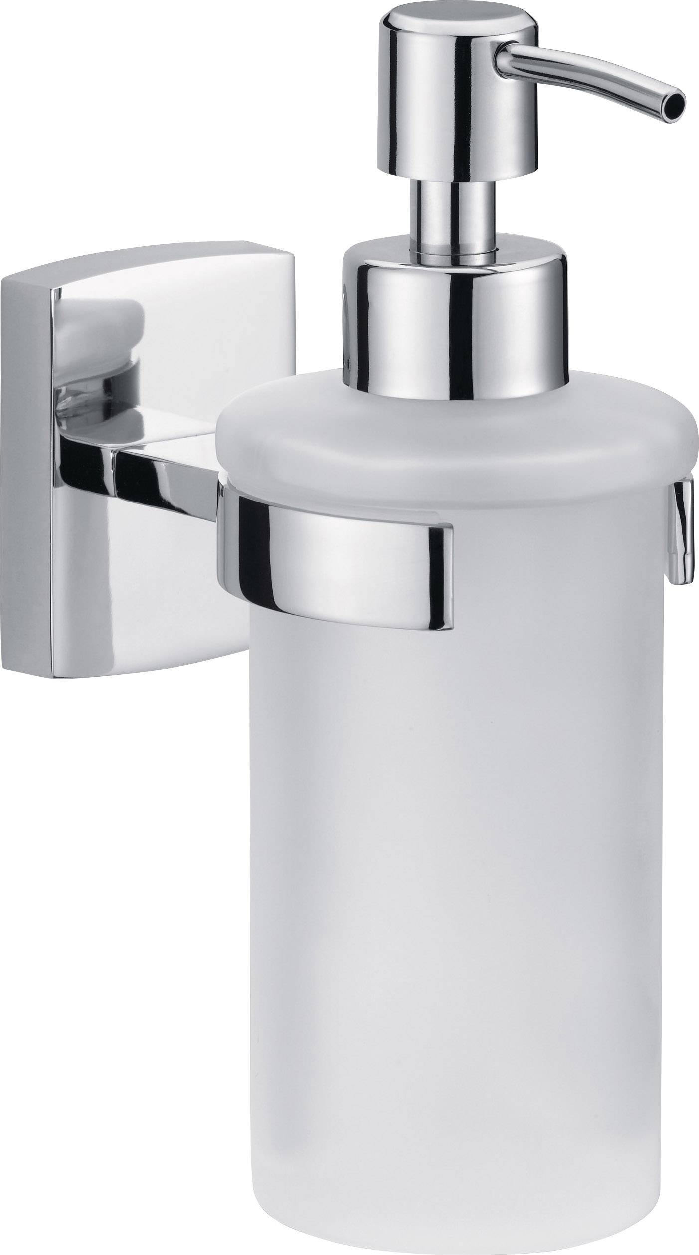 Wall-mounted soap dispenser made of frosted glass with chrome plating, suitable for bathrooms.