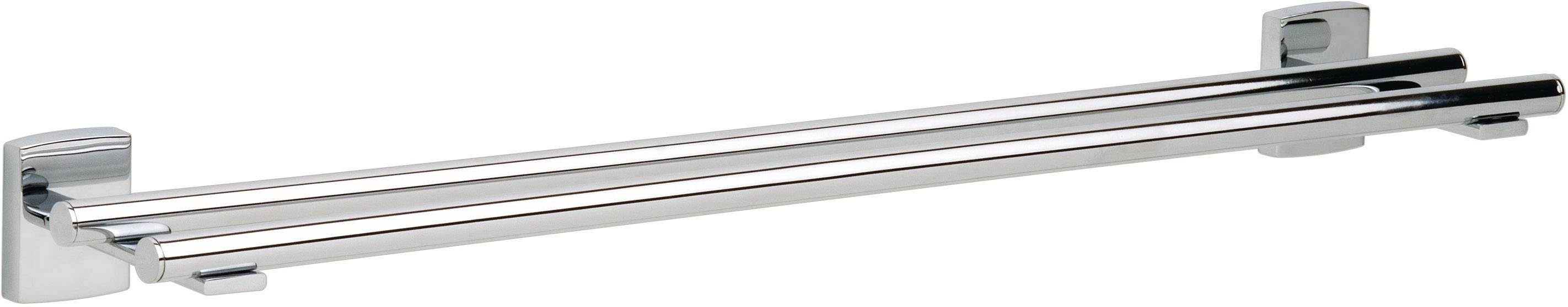 A chrome-plated, double towel rail with swivel bars for wall mounting. Ideal for bathrooms for space-saving use.