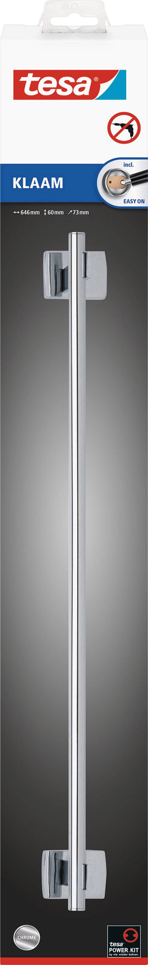 'tesa KLAAM Shower Wiper Holder' packaging, shows a silver bar holder for bathrooms that can be mounted without drilling.