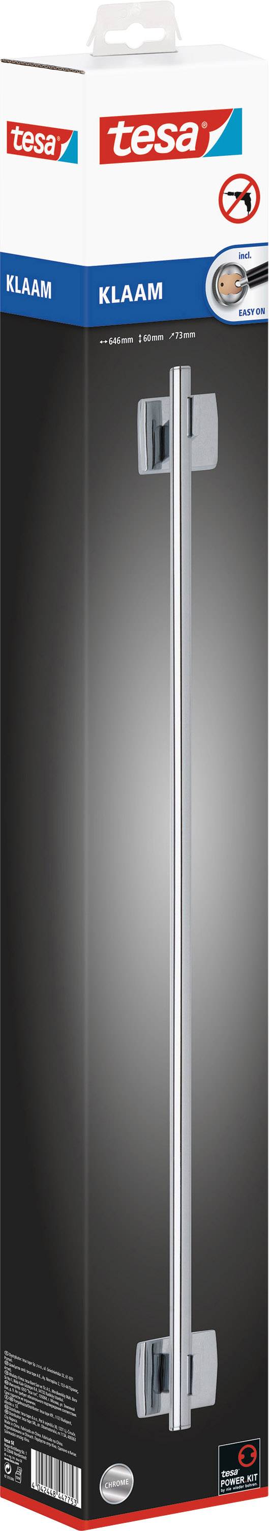 Packaging of a Tesa self-adhesive towel holder, silver-coloured, no drilling required, pictured against a black background.