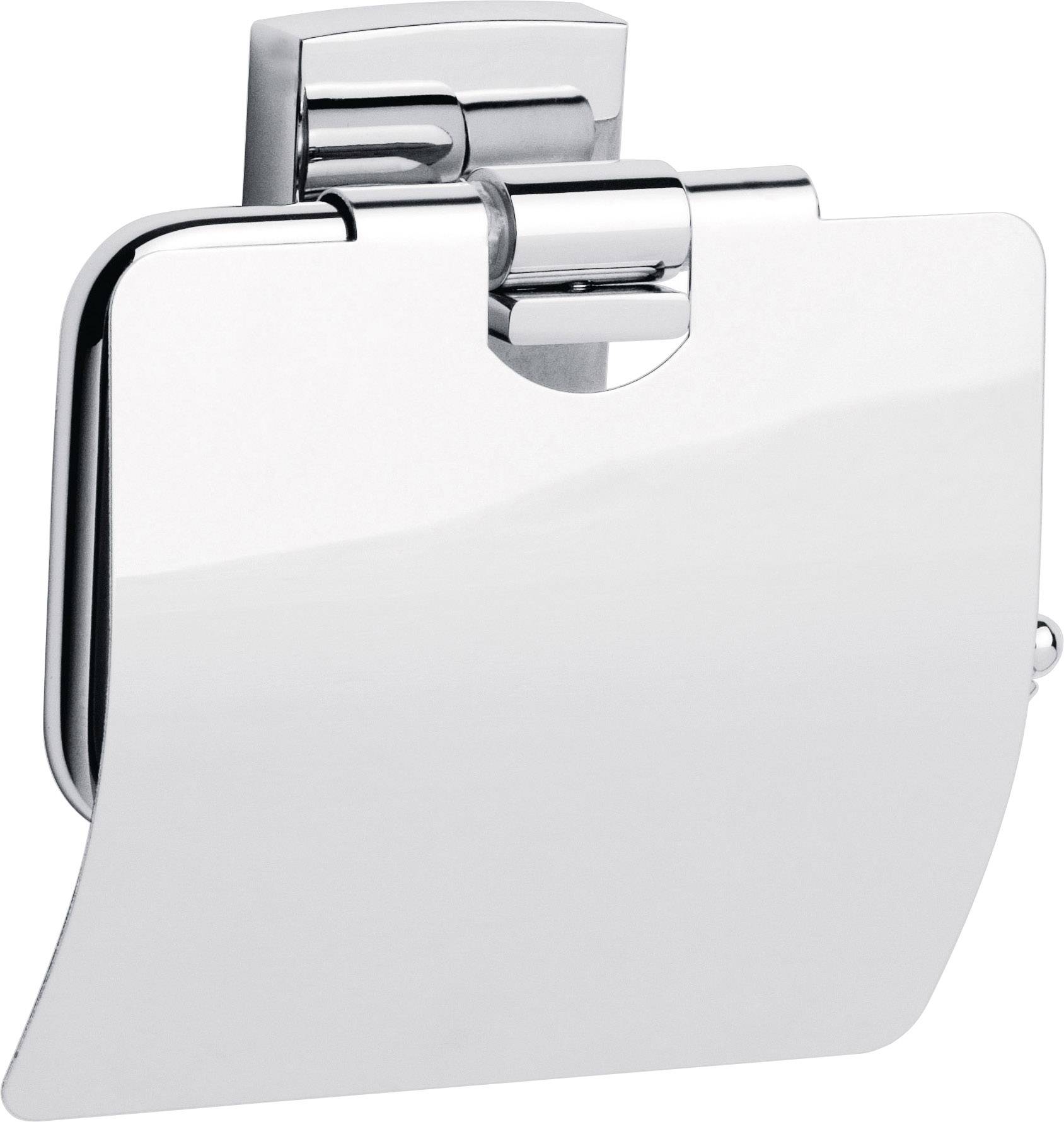 A gleaming, square metal toilet roll holder mounted on the wall. The holder features a rounded cover plate.