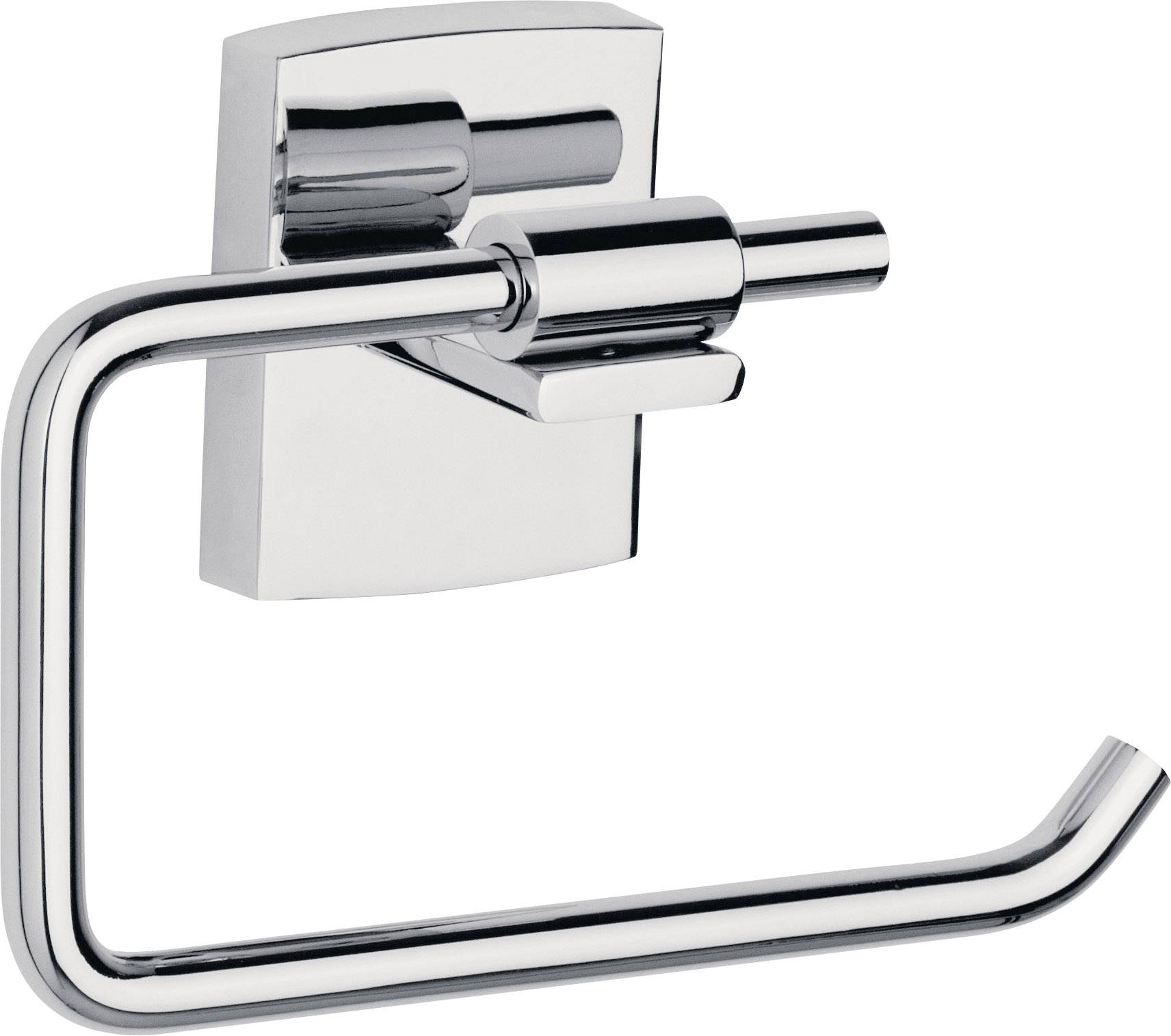 A silver, wall-mounted toilet roll holder with an open design, whose arm can be swung upwards to accommodate a roll.