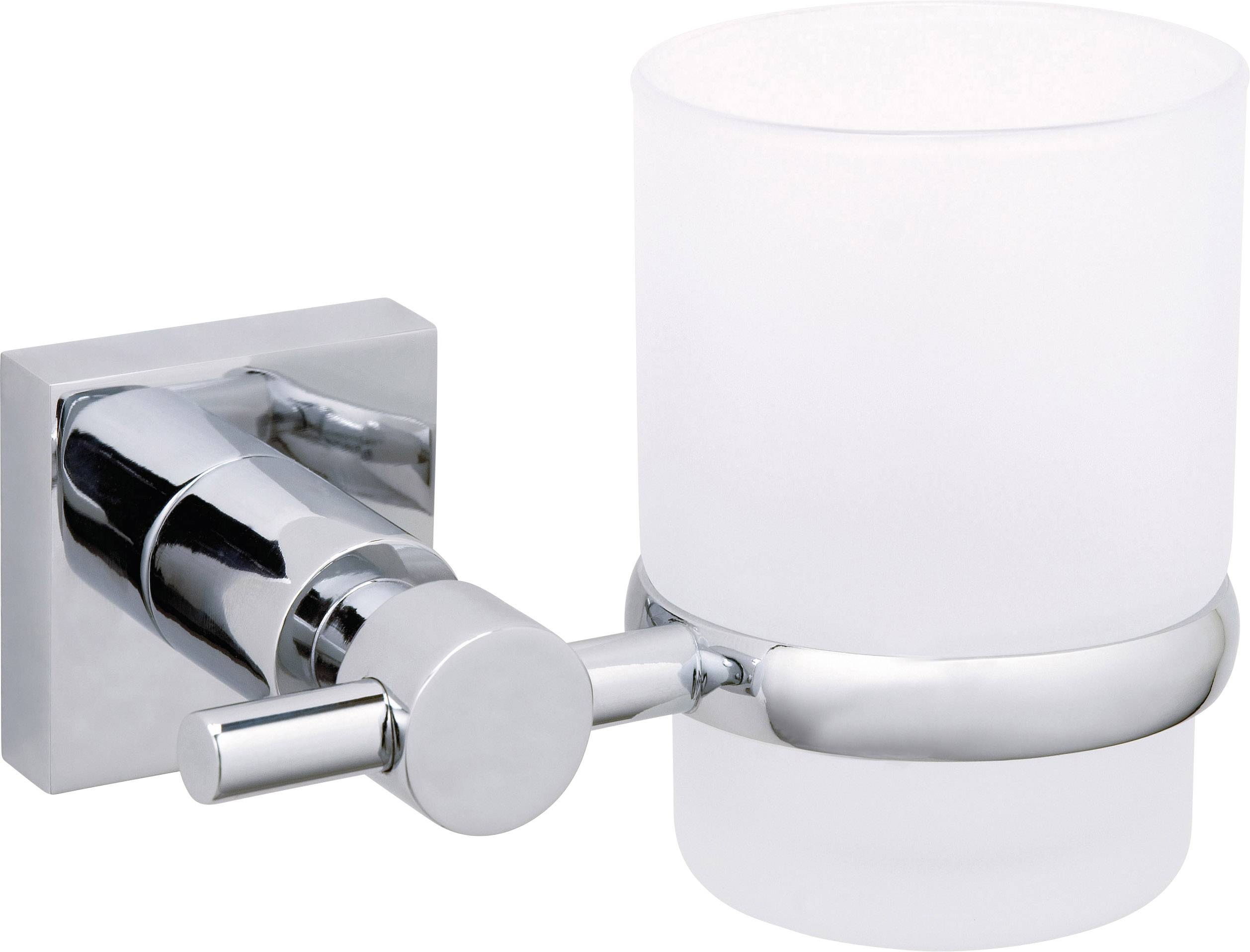 Wall-mounted toothbrush tumbler made of stainless steel with a frosted glass cup. Perfect for contemporary bathrooms.