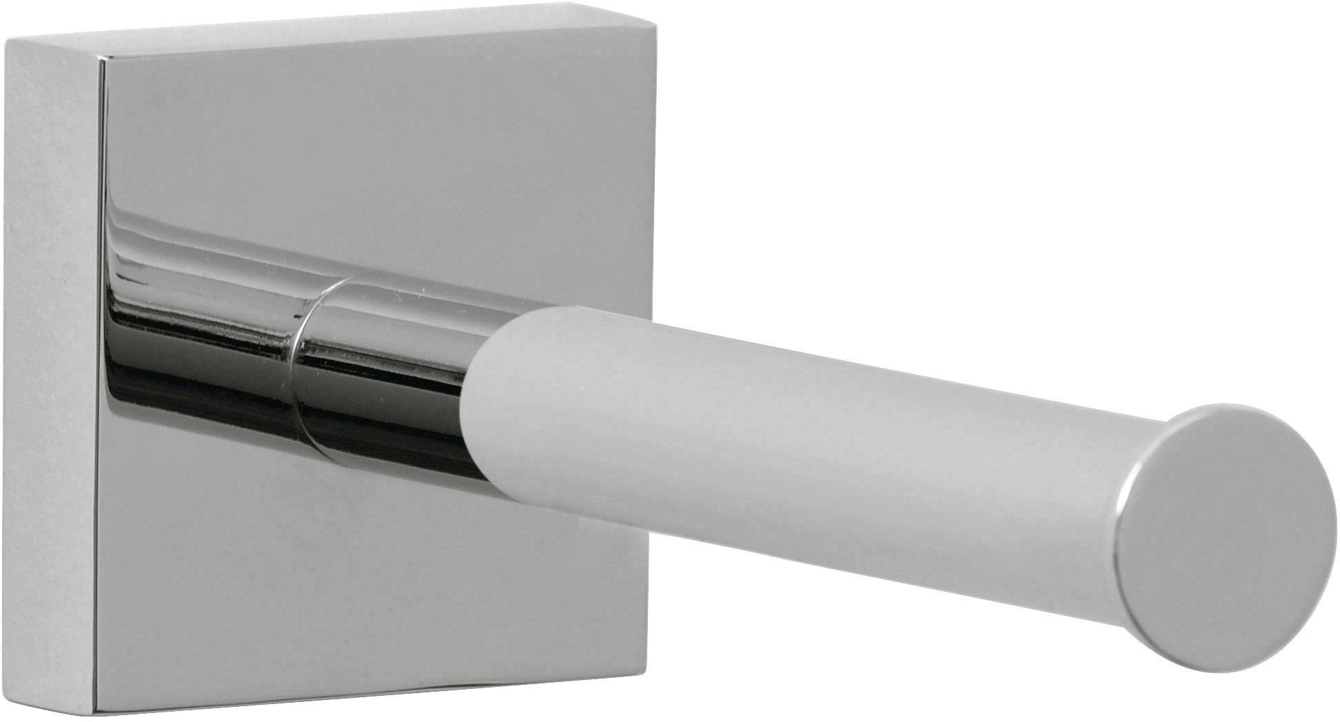 A chrome-plated single-roll toilet roll holder with a square base and cylindrical arm.