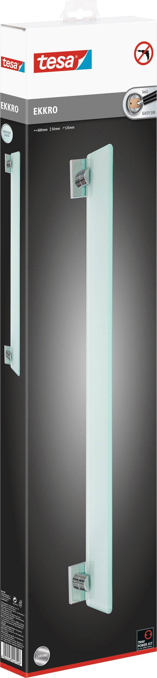 Packaging for a Tesa self-adhesive glass shelf. Long, rectangular shelf with two metal brackets. No drilling required.