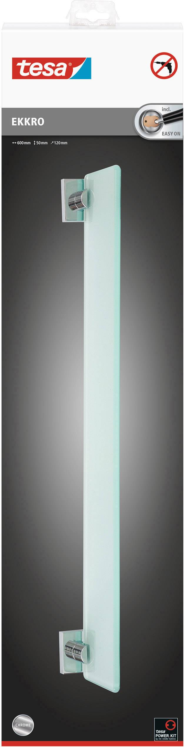 Packaging of the Tesa Ekkro bathroom grab rail, 640mm, made of glass, shown with drill-free fixing system.