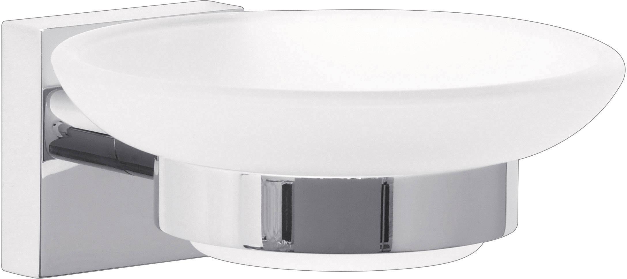 Soap dish made of white glass with a shiny, chrome-plated holder. Suitable for wall mounting in the bathroom.