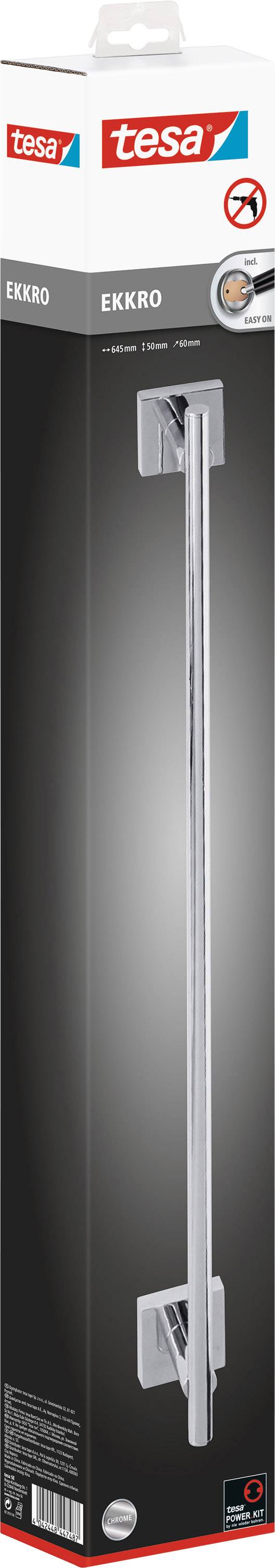 Packaging for a self-adhesive towel holder by TESA, model 'Ekkro'. Displays a stainless steel handle against a black background.