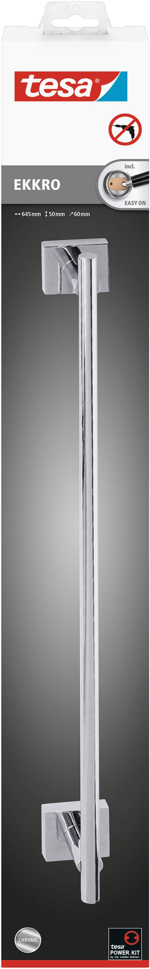 Packaging for a Tesa EKKRO shower curtain rod. Silver-coloured rod with two rectangular brackets. Key feature: can be mounted without drilling.