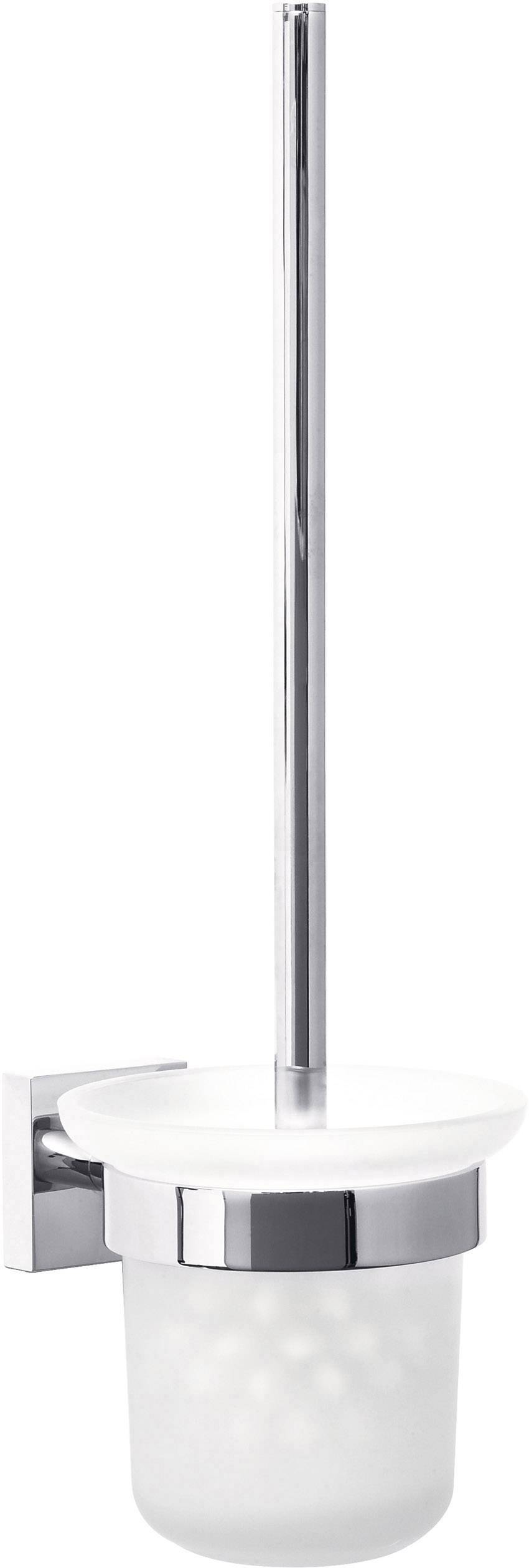 Toilet brush with a stainless steel holder and frosted glass container, wall-mounted.