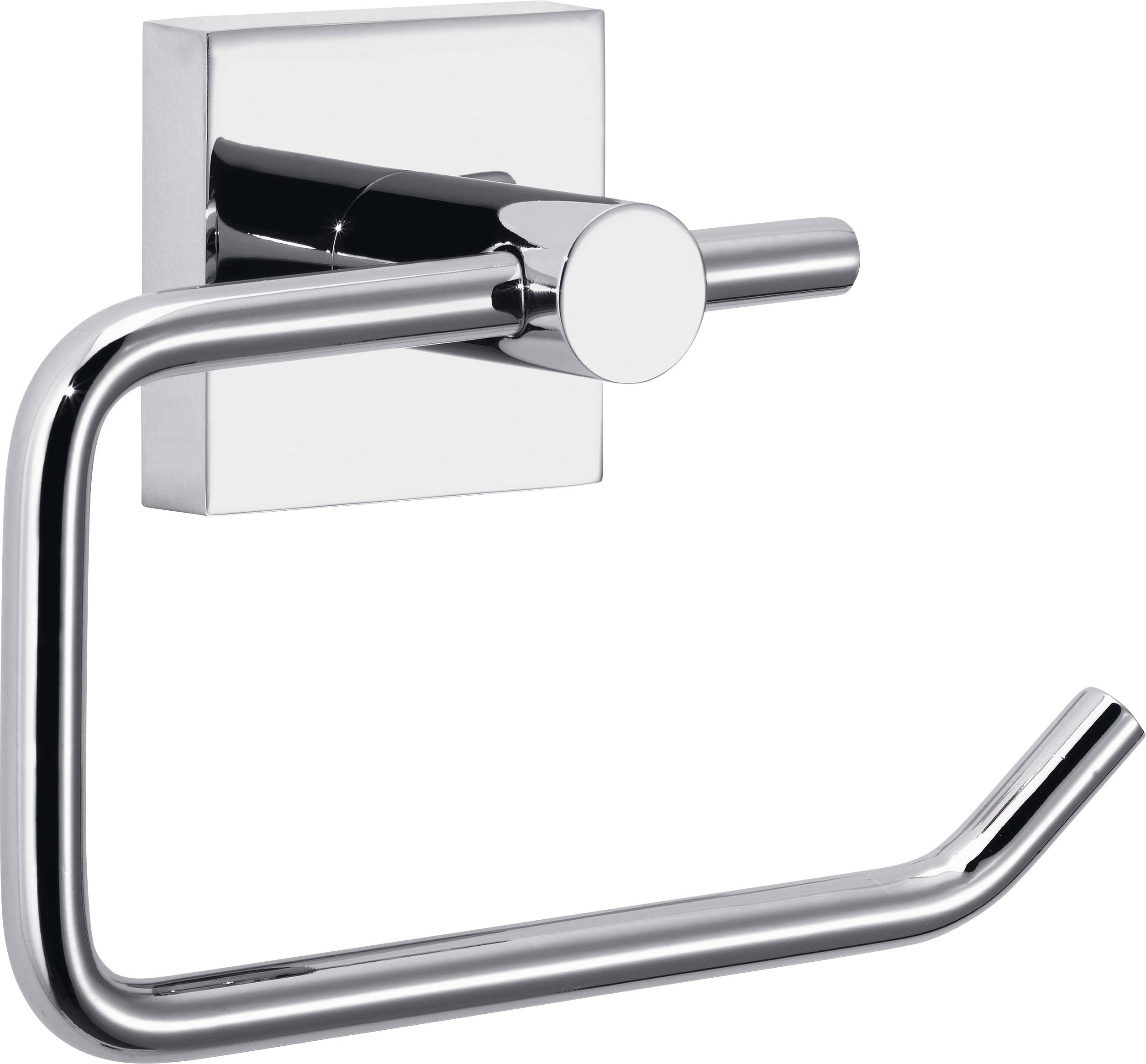 A gleaming, square-mounted metal toilet roll holder with a modern, minimalist design.
