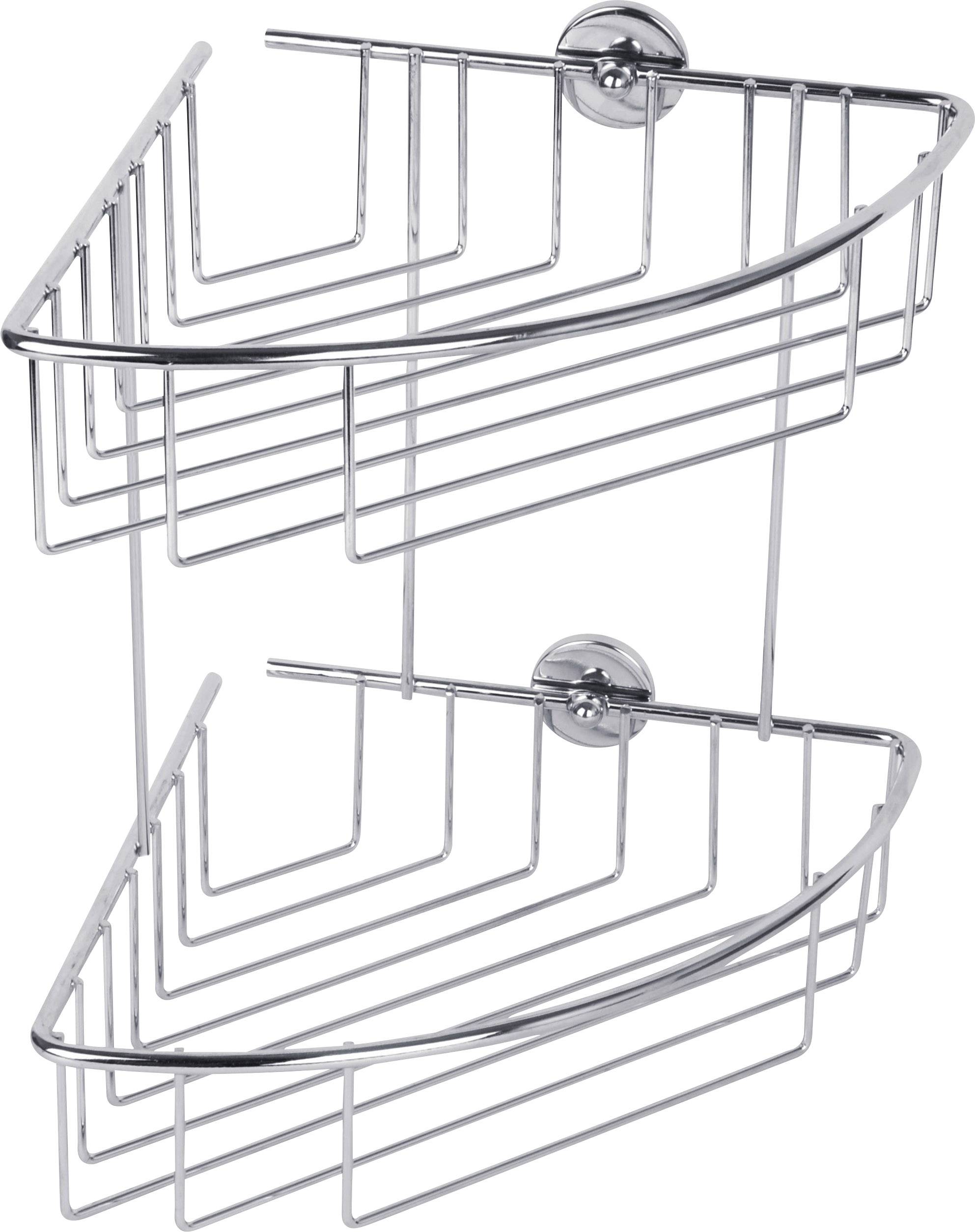 A double corner shelf made of chrome-plated metal for mounting in the shower, ideal for storing shampoo and soap.