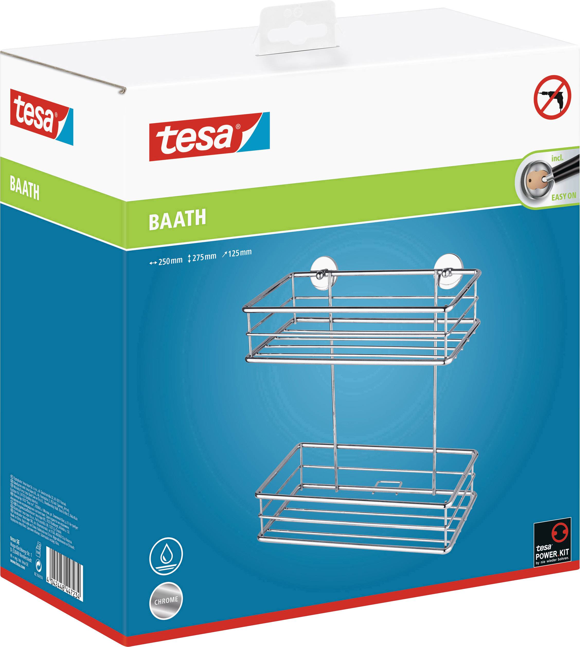 Packaging for a Tesa BAATH stainless steel shower basket with suction cups. No drilling required. Product image and dimensions on packaging.