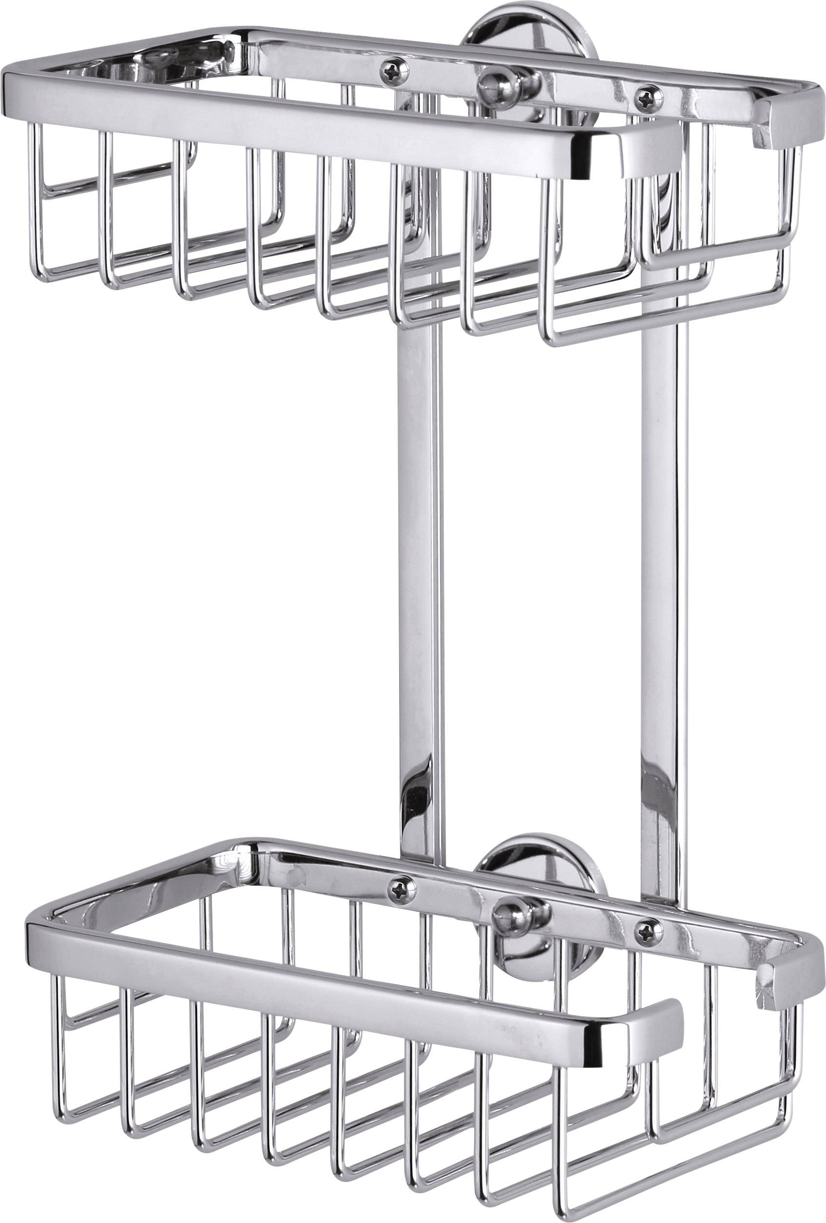 Two-tier chrome-plated shower basket. Rectangular wire baskets for storing shower accessories. Wall-mounted.