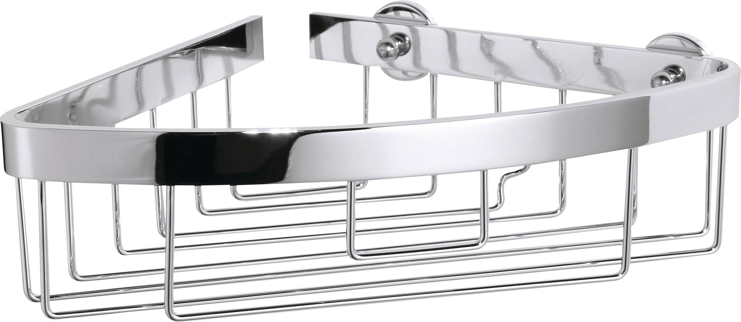 Triangular, chrome-plated shower shelf for wall mounting with two fixing points, suitable for soap or shampoo bottles.