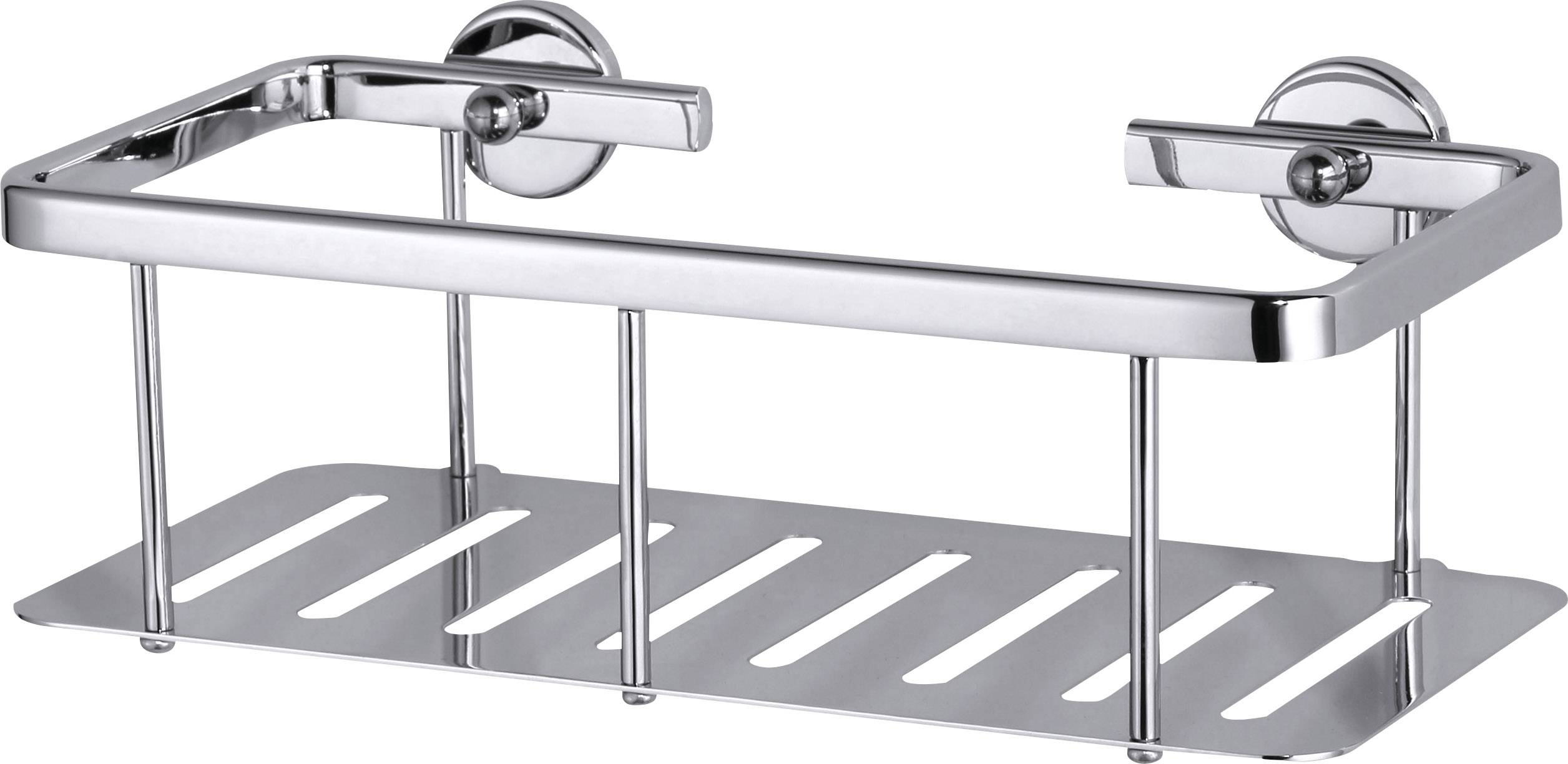 A silver metal wall shelf with a rectangular shape and open slots for storage, mounted on two round brackets.