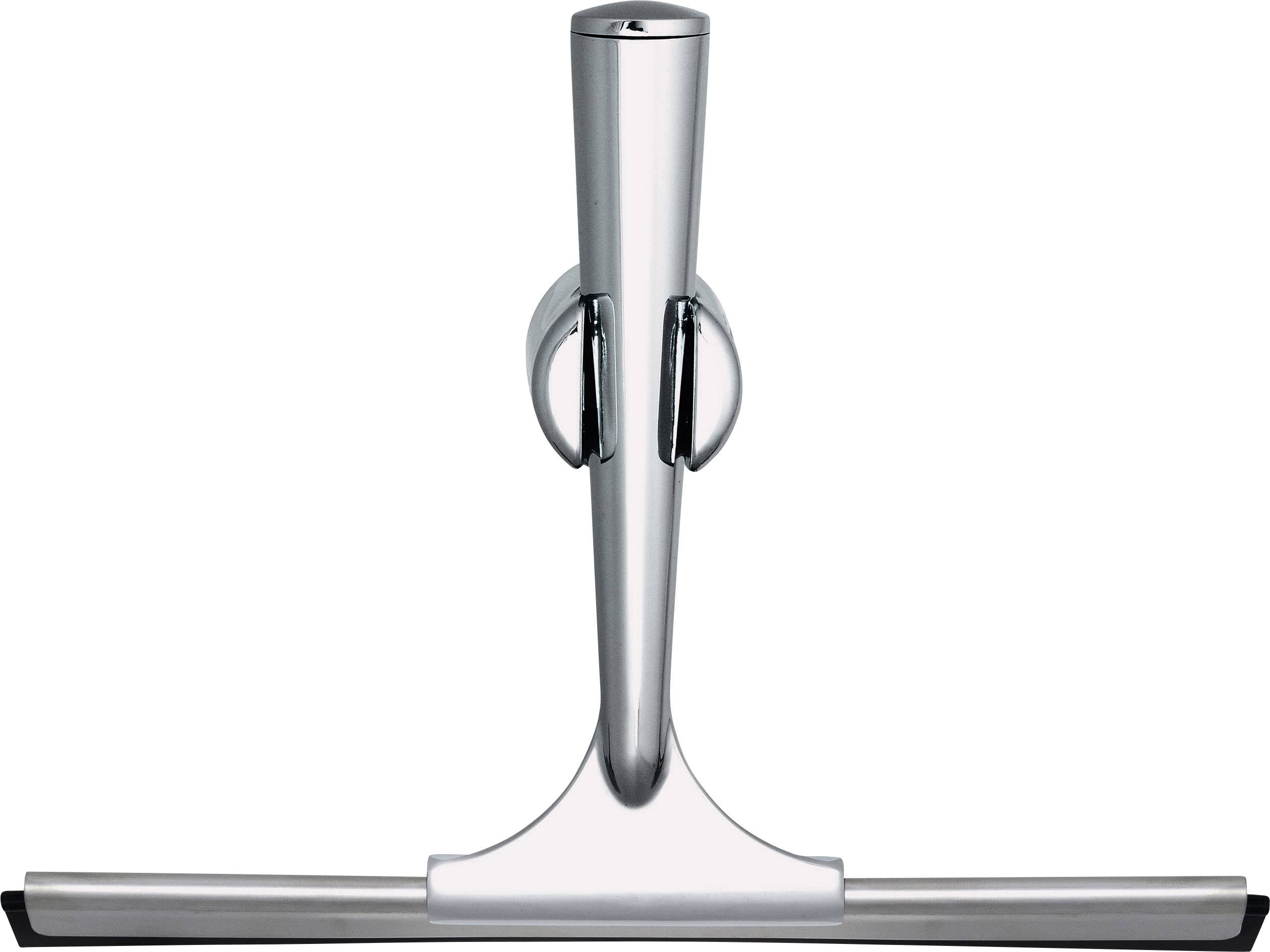 A silver shower squeegee with an ergonomic handle, mounted on a wall bracket.