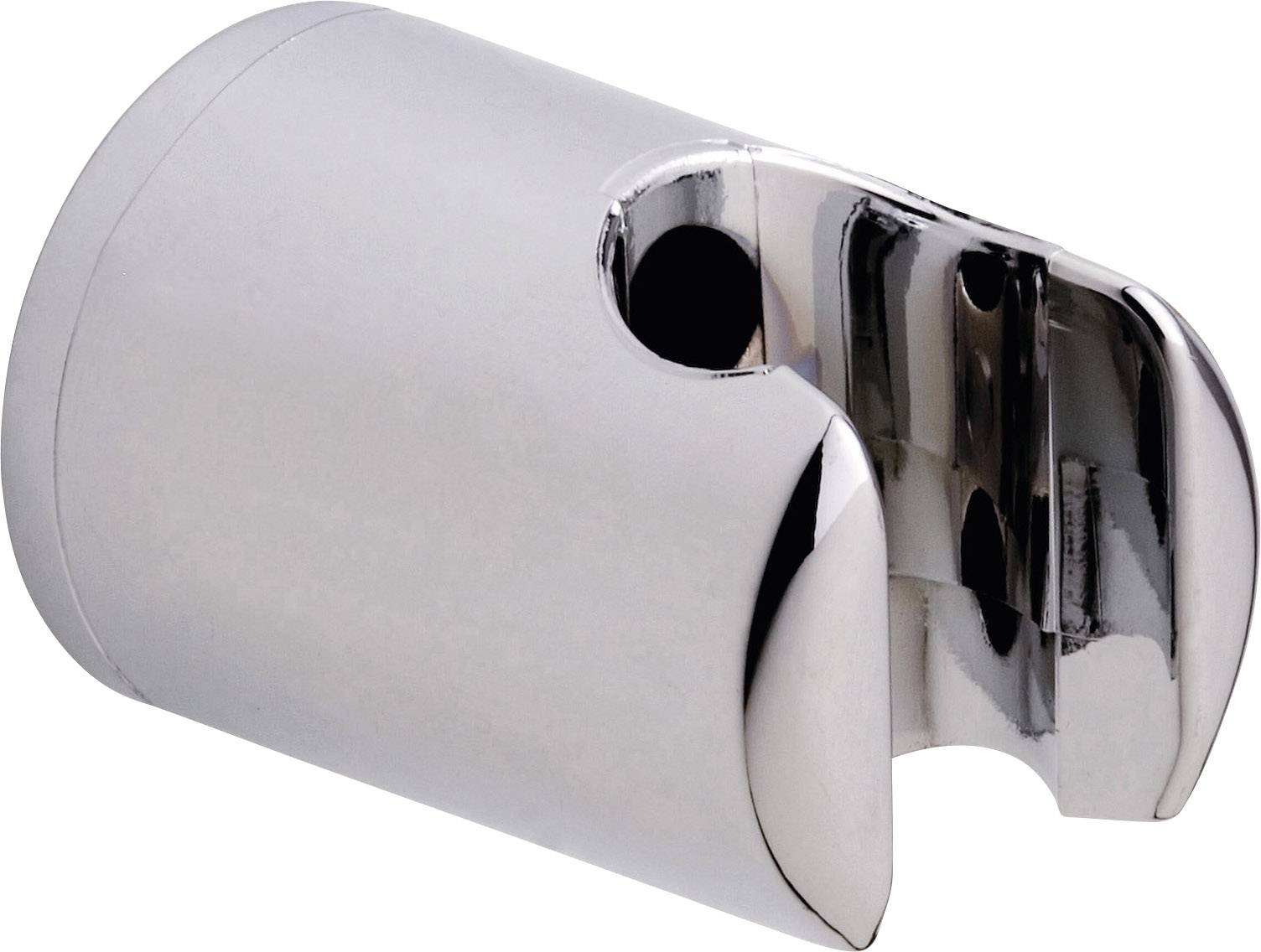 A silver, cylindrical shower head holder with a shiny surface and a side hole for mounting the shower head.
