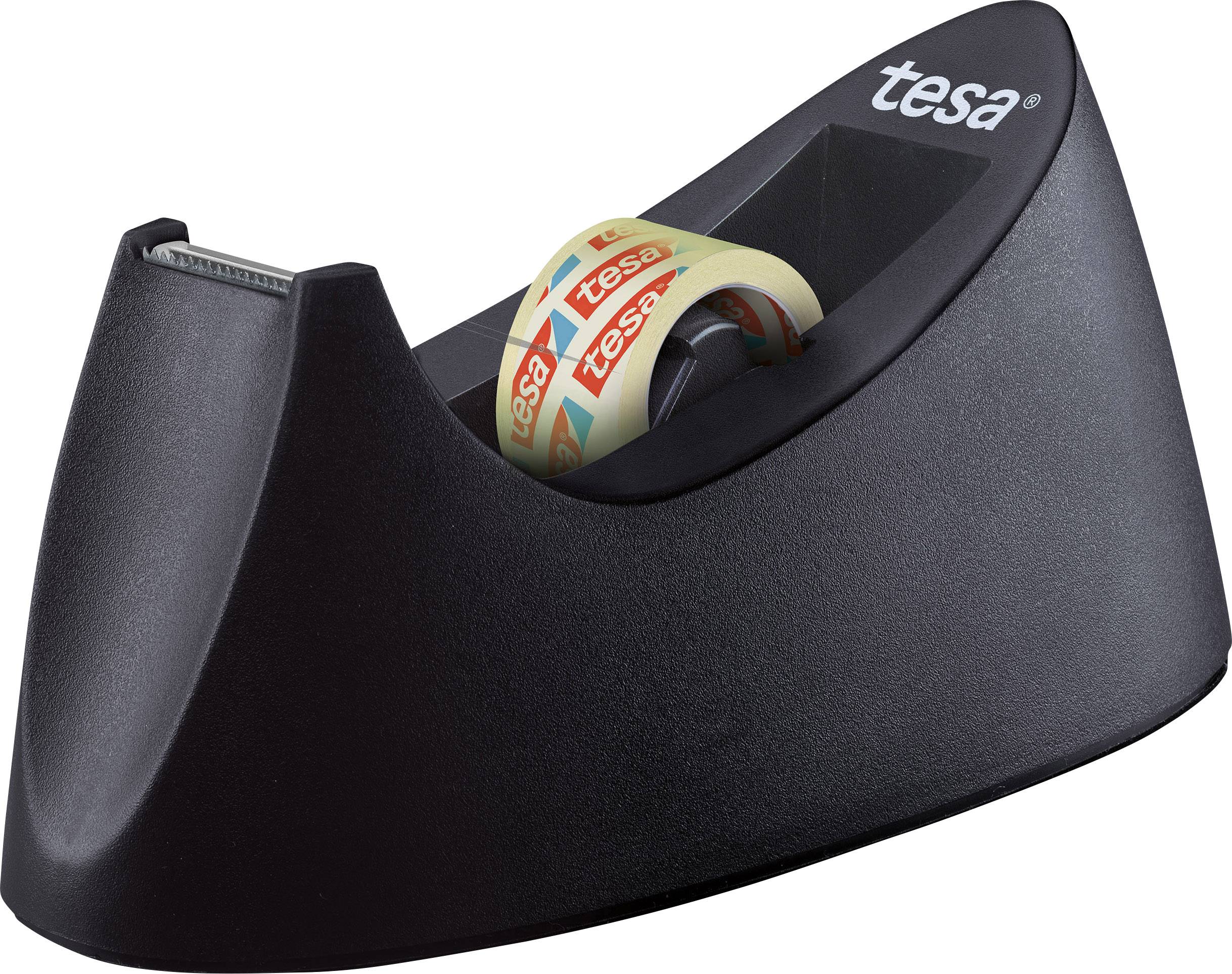Black desk tape dispenser with a Tesa adhesive tape roll inserted, side view.