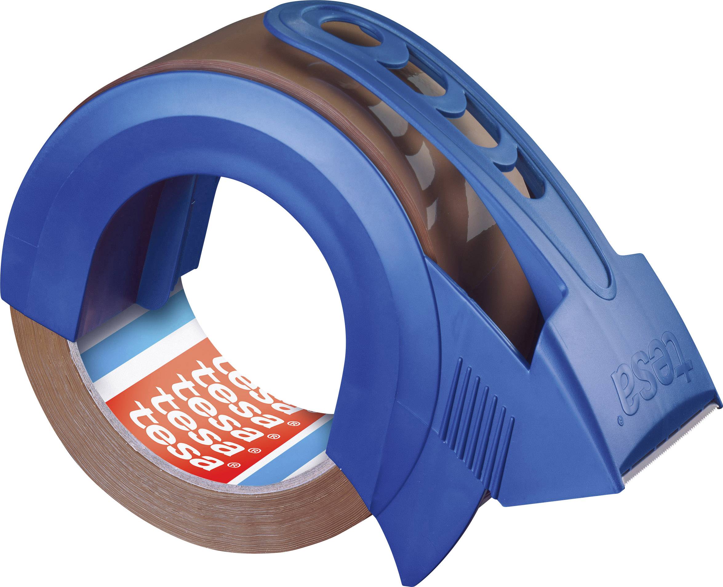 A tape dispenser with a blue casing, showing brown adhesive tape and red labels inside.