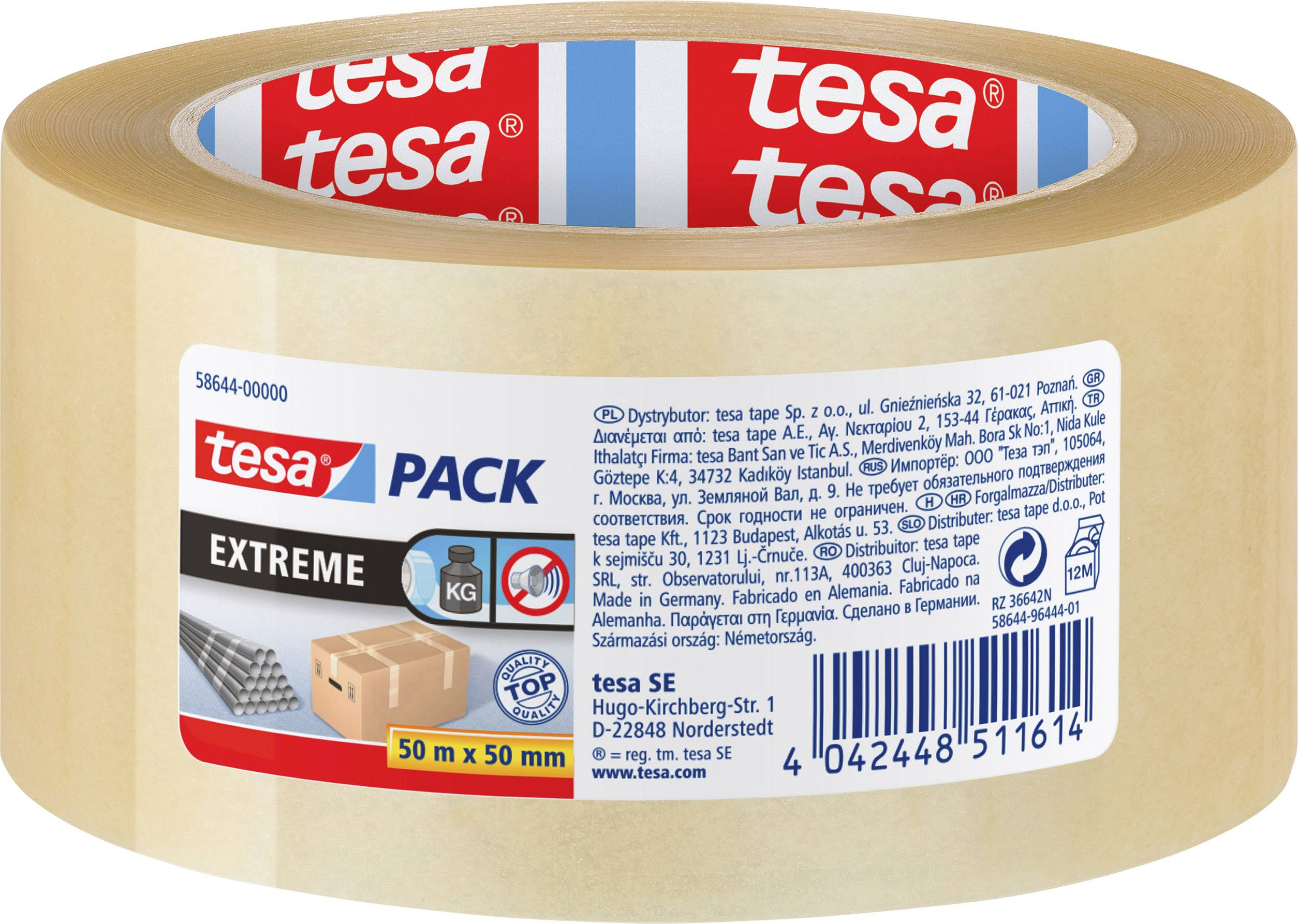 Roll of adhesive tape with 'tesa' label for sturdy packaging. 50 m x 50 mm. Suitable for heavy parcels.