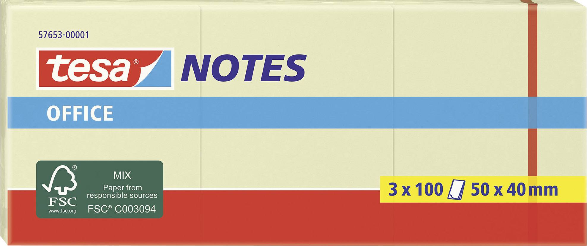 Pack of Tesa Notes OFFICE, 3 x 100 sheets, 50 x 40 mm, from responsible sources, FSC-certified.