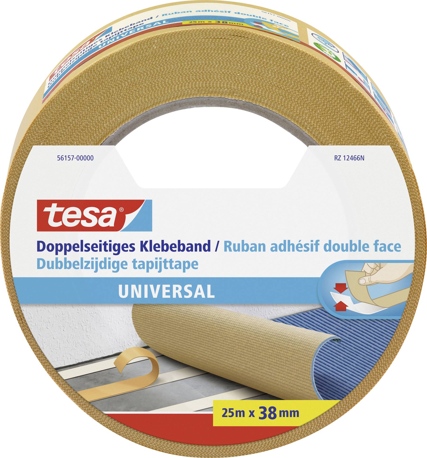 Double-sided adhesive tape by Tesa, 25 m x 38 mm, suitable for universal applications. Packaging shows carpet fixing.