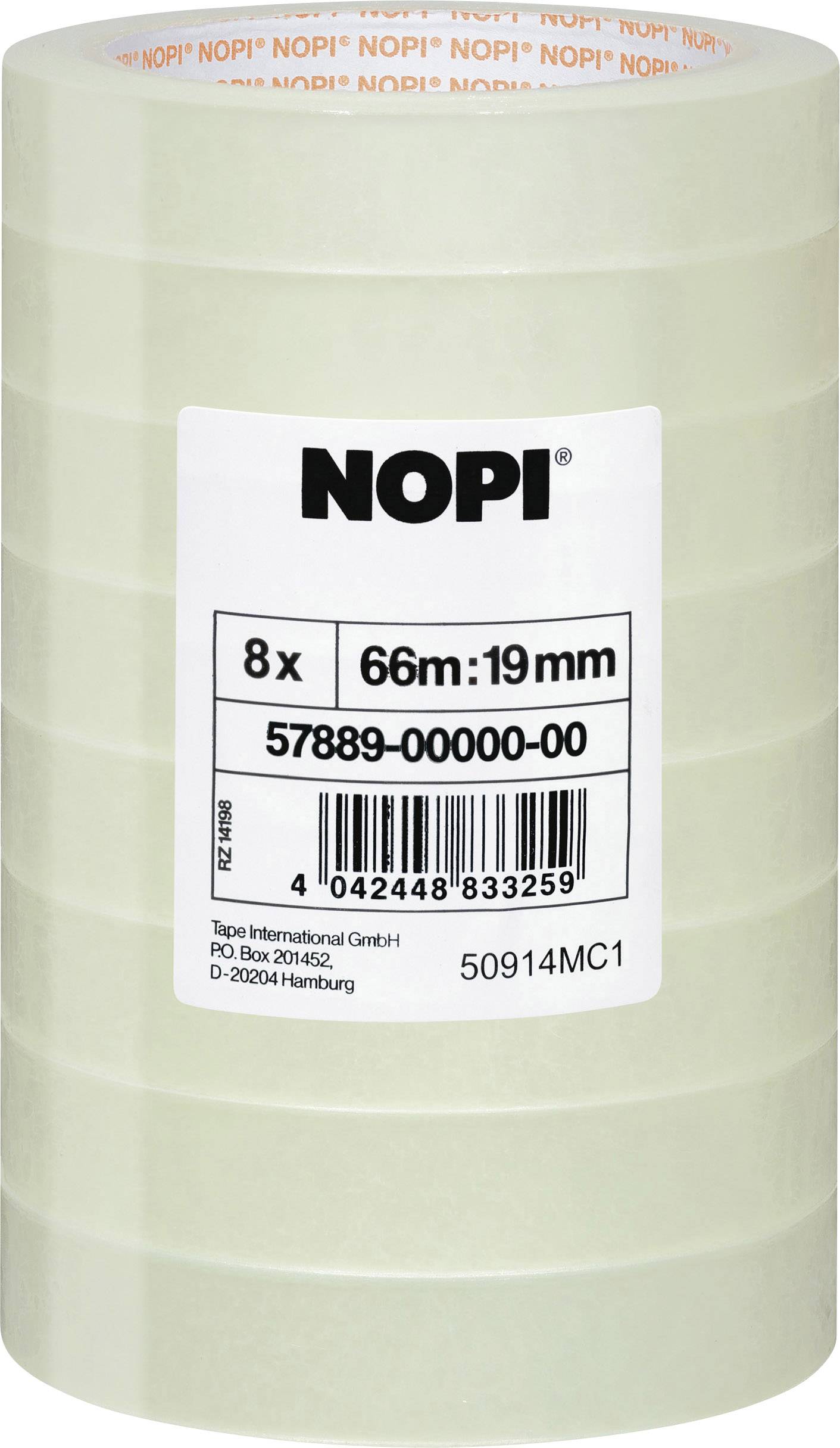 A pack of eight transparent Nopi adhesive tape rolls, each 66 metres long and 19 millimetres wide.