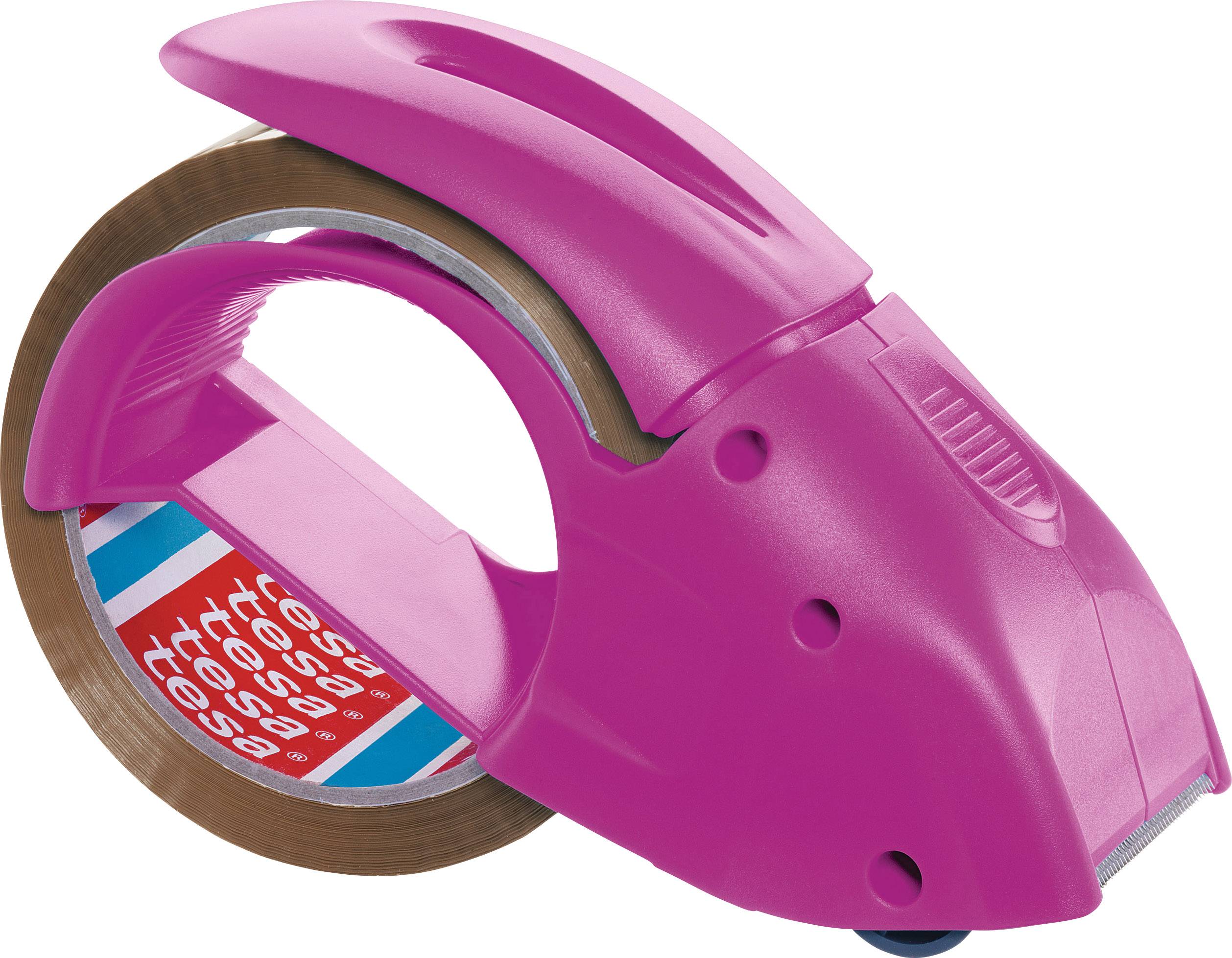 A pink parcel tape dispenser with a brown adhesive tape inserted, ready for sealing packages.