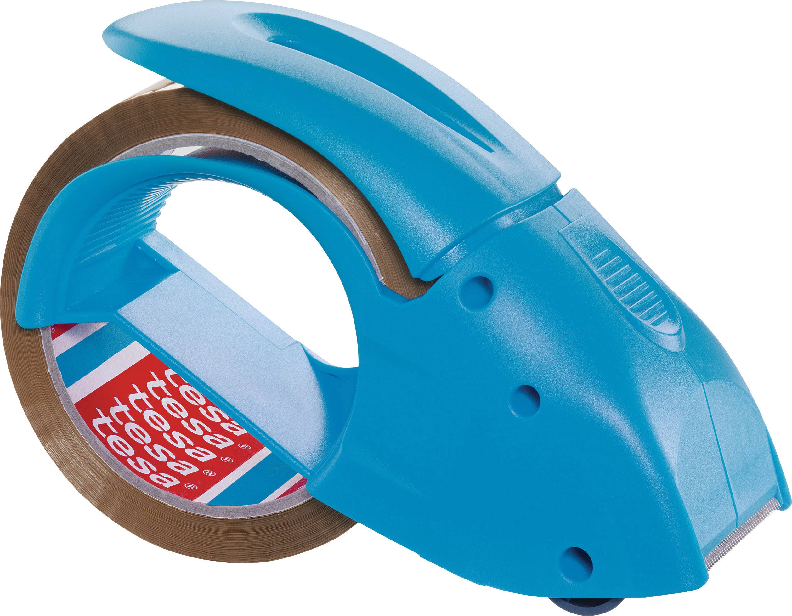 A blue parcel tape dispenser with integrated adhesive tape, ready to seal cardboard boxes.