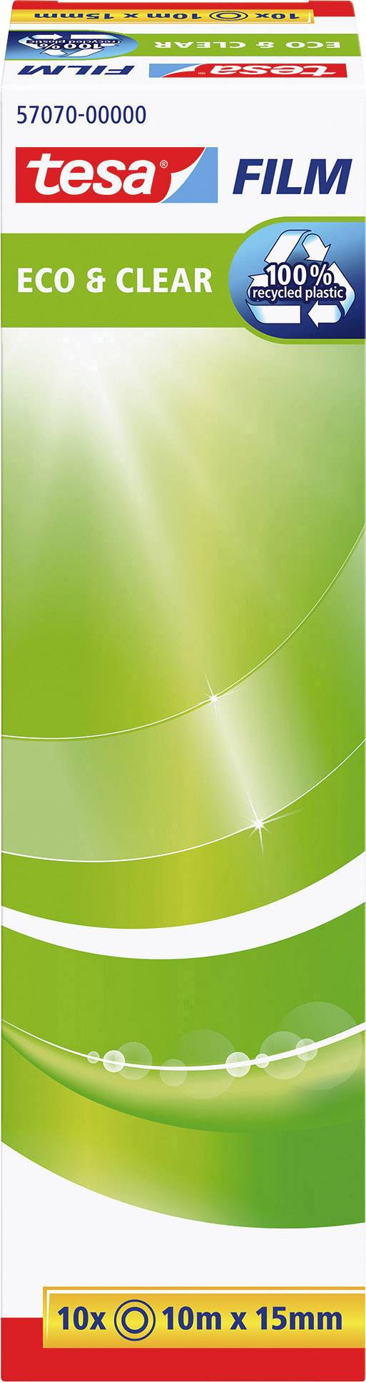 Packaging for a Sellotape 'tesa Film Eco & Clear', 10 rolls of 10 m x 15 mm. Manufactured from recycled material, environmentally friendly.