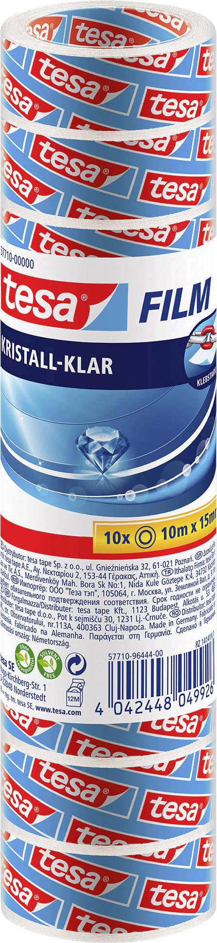 Several rolls of Tesa Crystal Clear Adhesive Tape, 10 metres long and 15 mm wide, stacked. Packaging displays brand logo and details.
