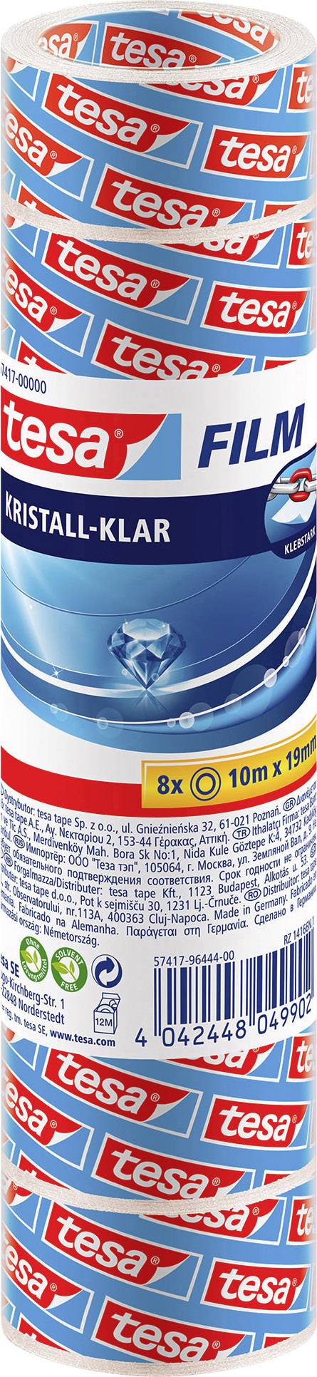 Packaging for a roll of 'tesa' crystal clear adhesive tape. Contains 8 rolls, each 10 metres long, 19 mm wide.