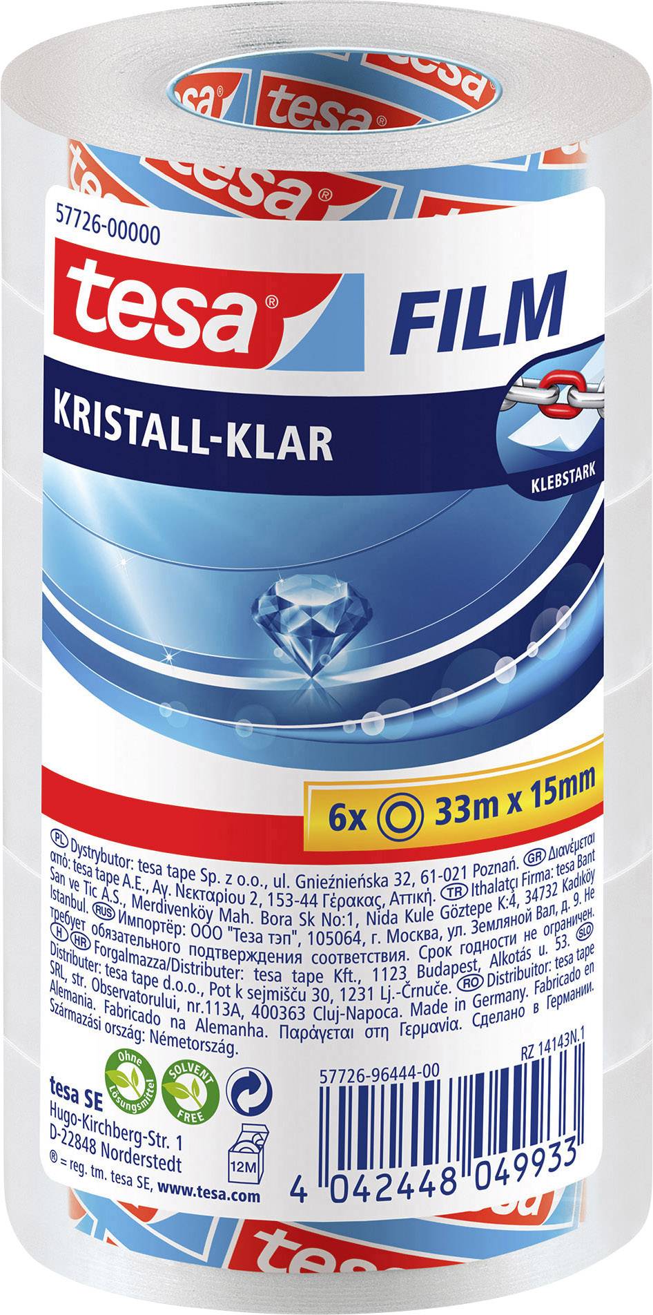 A pack of 'tesa Film' Crystal Clear, 6 rolls, 33 m x 15 mm. Product label with manufacturer information and barcode visible.