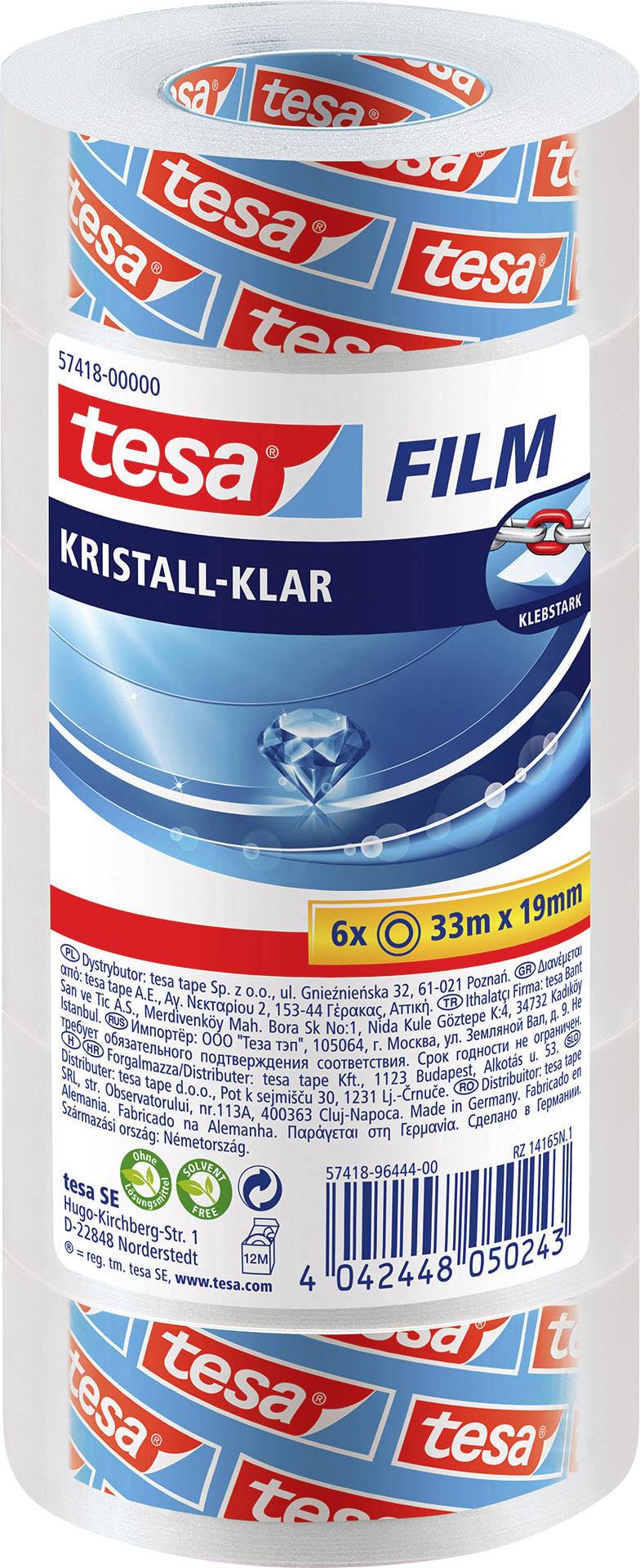 A roll of transparent Tesa adhesive tape, labelled as 'Crystal Clear', in a transparent packaging.