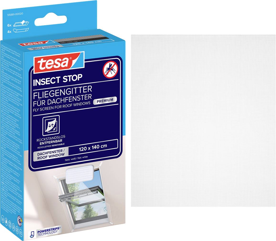 Packaging for tesa Insect Stop fly screen for roof windows, showing a white mesh panel and product box labeled '120 x 140 cm' and 'Premium'.