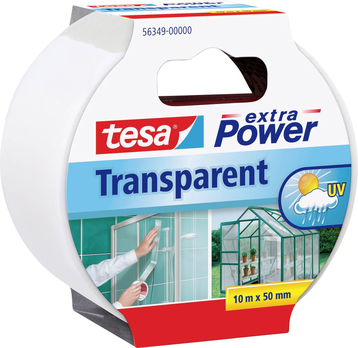 Packaging of Tesa Extra Power Transparent tape. Highlights UV resistance and dimensions: 10 m x 50 mm, shows image of greenhouse repair.