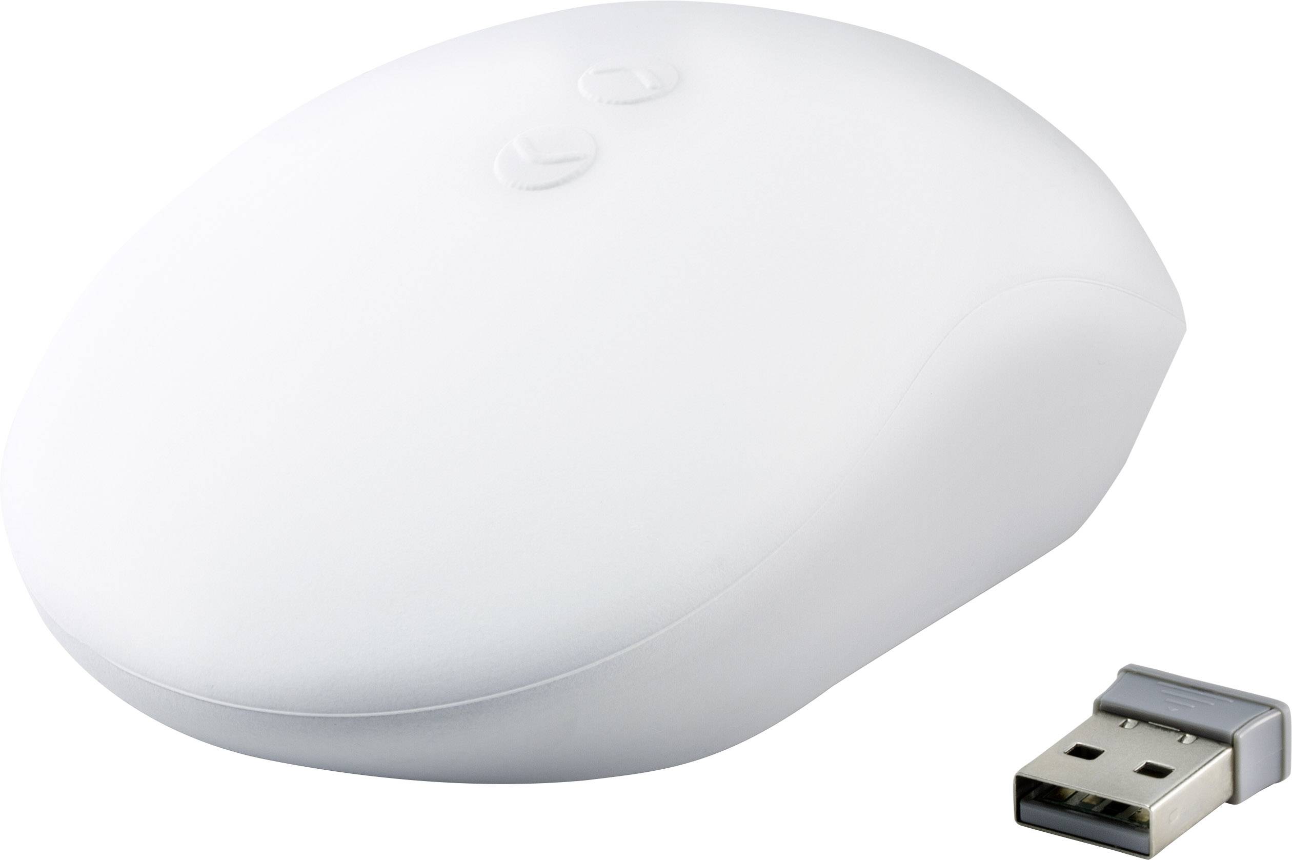 White, wireless computer mouse with USB receiver beside it, on a light background.