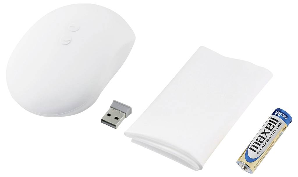 White wireless mouse with USB receiver, white cleaning cloth, and Maxell AA battery. Suitable for computer use.