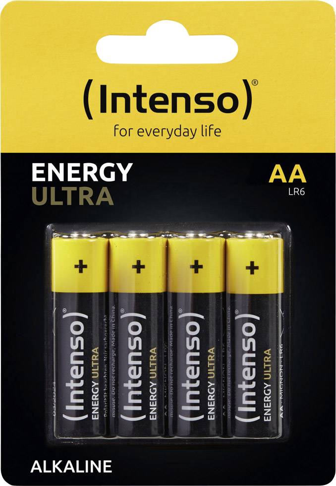 'Intenso Energy Ultra' 4-pack AA Alkaline Batteries. Black batteries with yellow positive terminal. Packaging: Yellow and Black.