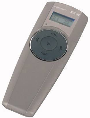 A remote control with a display and control buttons. Symbols are visible at the top, and a screen displays information.