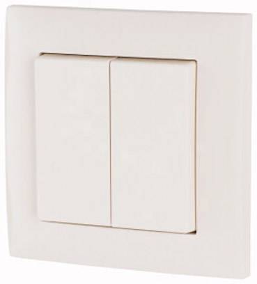 A white double light switch in a wall plate. The switch has two rectangular buttons that are slightly raised.