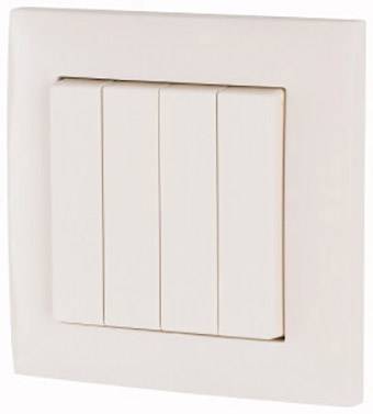 Four-way light switch mounted on the wall with a white plastic frame.