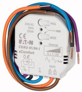 Device for controlling electrical appliances, displayed with multiple colourful wires and markings for voltage and power.