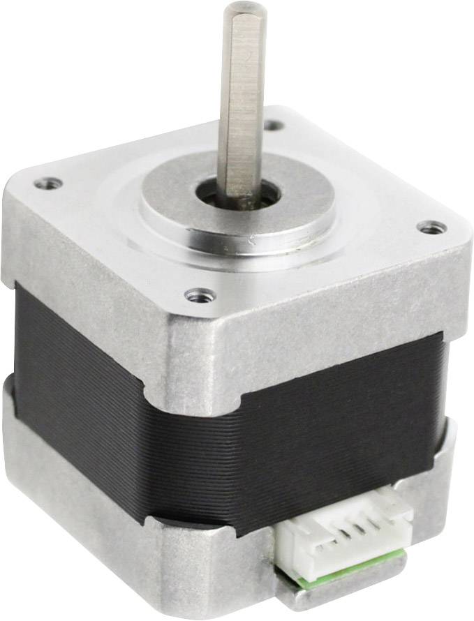 A small stepper motor in a metal casing with a visible shaft and electrical connection socket, used in precision equipment.