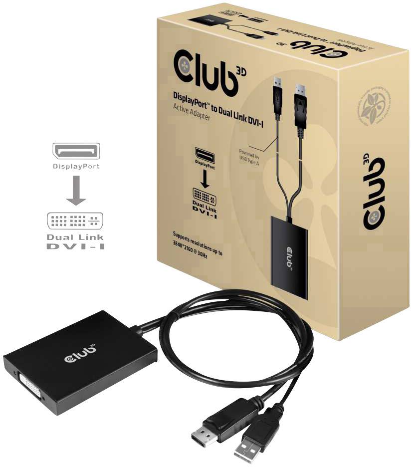 club3D CAC-1010 DisplayPort Adapter [1x DisplayPort plug, USB 2.0 connector A - 1x DVI socket 29-pin] Black 0.60 m